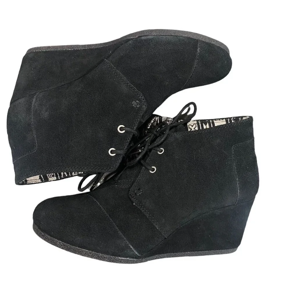 TOMS Women Shoes Size 9 Black Suede‎ Wedges Tie Up Booties Casual Stylish